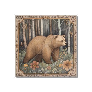 May include: A brown bear walks through a forest of birch trees with a variety of flowers in the foreground. The bear is facing right and the scene is framed with a decorative border.
