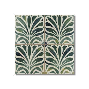 May include: Four square ceramic tiles with a green and white floral pattern. The tiles are arranged in a 2x2 grid.