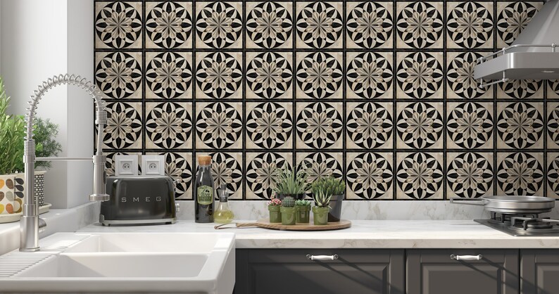 Black Beige Cream Ceramic Tile - Vintage Design Tile Design - Kitchen Backsplash Tile - Bathroom Wall Tile Patterned Patterned Ceramic Tile image 5