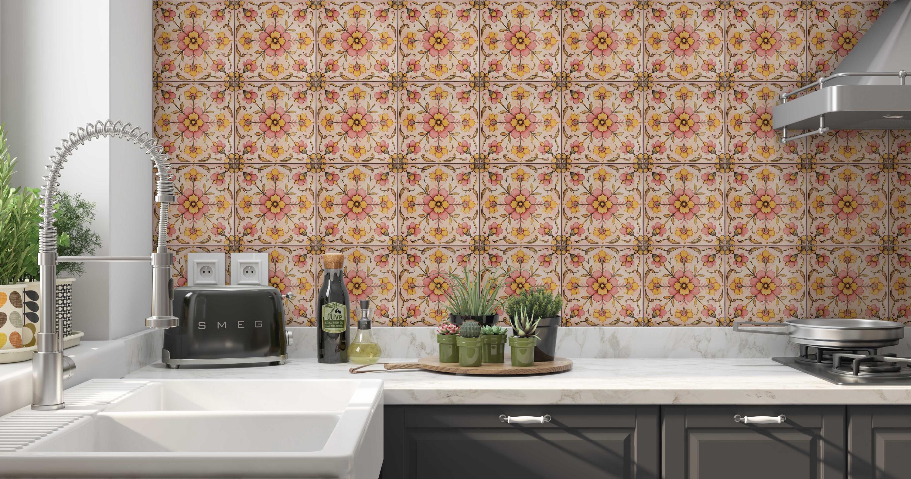 Pink Yellow Floral Ceramic Tile - Patterned Vintage Cottage Floral Tile ...