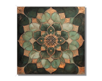 May include: A green and gold mandala with intricate details. The mandala is made up of overlapping circles and petals, creating a complex and symmetrical design.