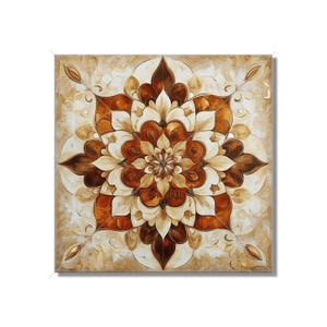 May include: A square canvas painting with a brown and white mandala design. The mandala is made up of intricate floral patterns and has a central circle with a smaller mandala inside.