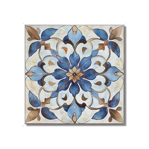 May include: A square tile with a blue and brown floral pattern. The tile has a white background and a geometric design.