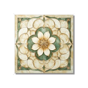 May include: Square decorative tile with a floral design. The tile features a central flower in cream and gold, surrounded by a green and cream pattern. The edges are framed with a gold border, creating a symmetrical and elegant look.