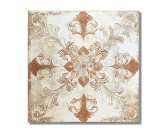 May include: Square tile with a distressed, vintage look. The design features a symmetrical floral pattern in shades of brown and beige against a white background. The tile has a slightly aged appearance, with visible texture and color variations.