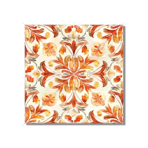 May include: A square tile with a repeating pattern of orange and yellow floral designs on a white background.