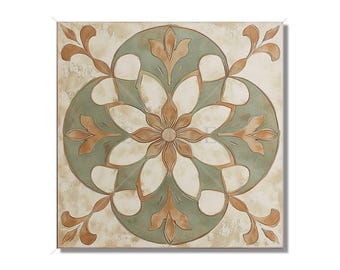 May include: Square decorative tile with a floral design. The tile features a central flower with petal-like shapes in cream and brown, surrounded by a teal-colored circle. The background is a light beige with brown accents.
