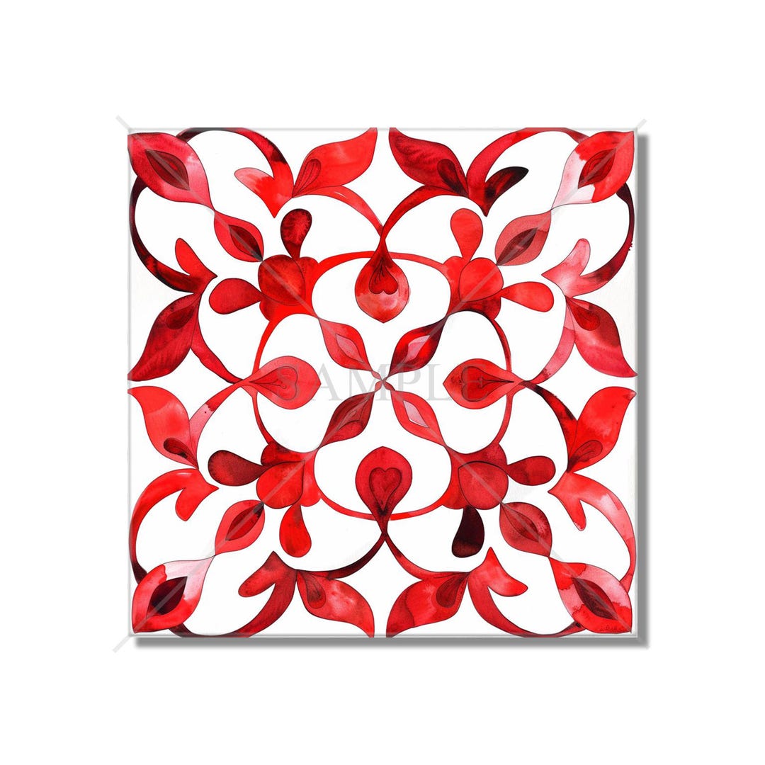 Red Ceramic Pattern Red Patterned Ceramic Tile - Red Kitchen Backsplash Tile - Vintage ...
