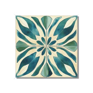 May include: A square tile with a blue and green floral pattern on a cream background. The design is symmetrical and features a central flower with four petals.