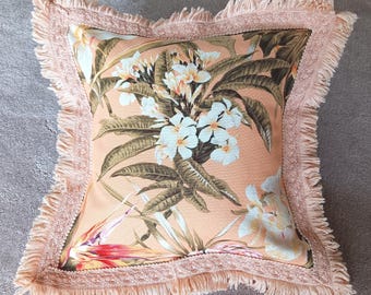 Pillow Cover Created with Vintage Hawaiian Bark Cloth Fabric and Fringe, 12 x 12