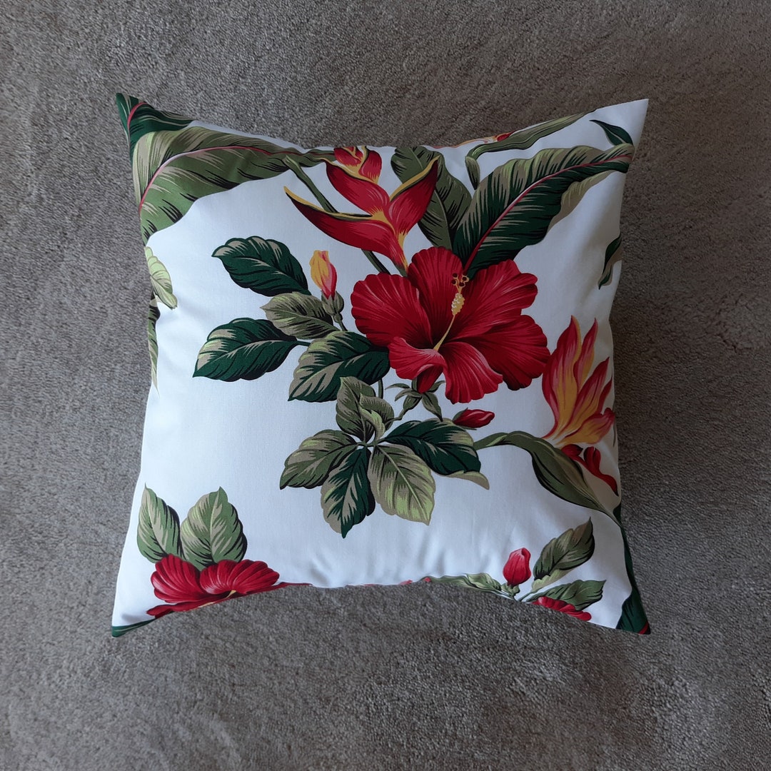Pillow Cover, 14 X 14, Red Hibiscus on White Pillow Cover, Hawaiian