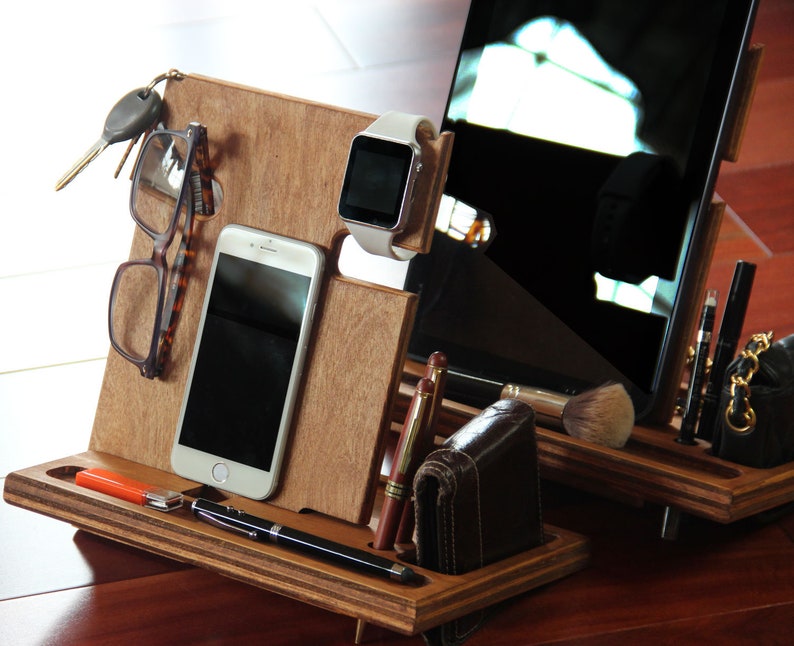 Nightstand Organizer Wood Valet Charging Station Personalized Gift For Men Tech Boyfriend Dorm Desk Iphone Holder Stand