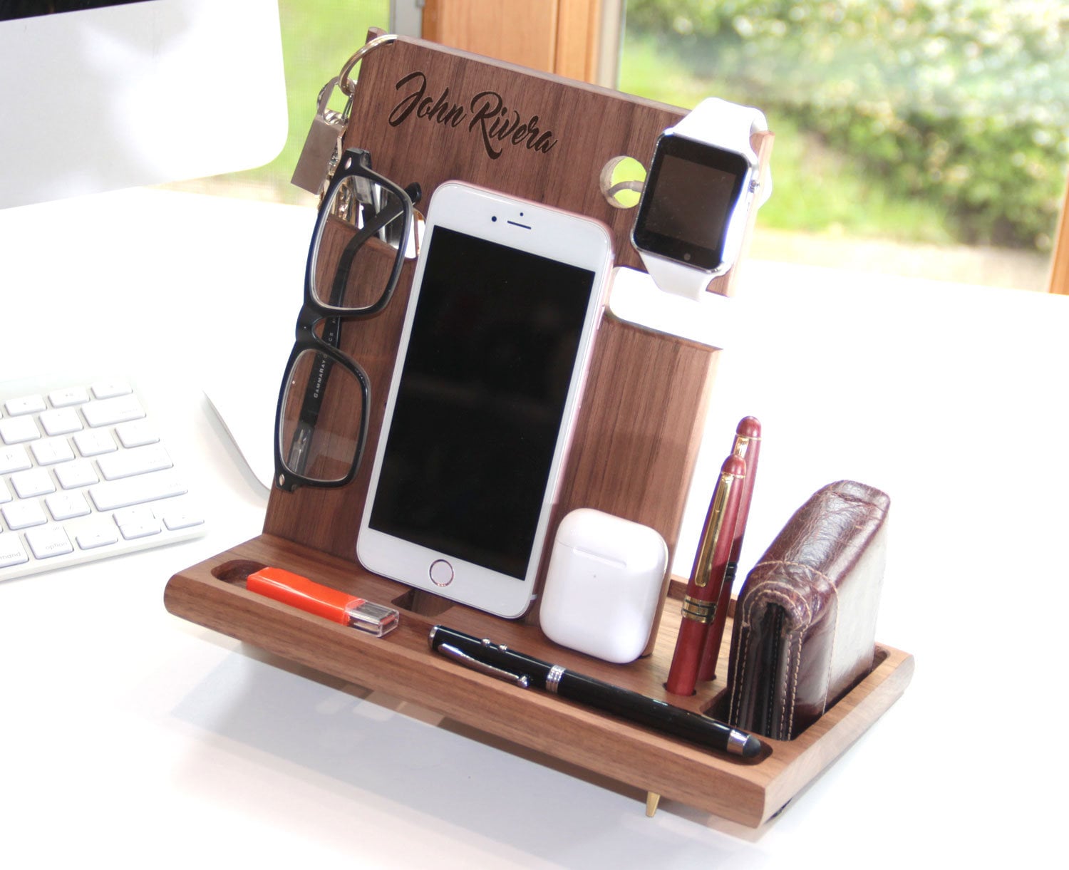 Apple Watch Charging Station, 3 in 1 Charger for iPhone, Mens Charging Station, Wooden Airpods Docking, Personalized iPhone Docking Station