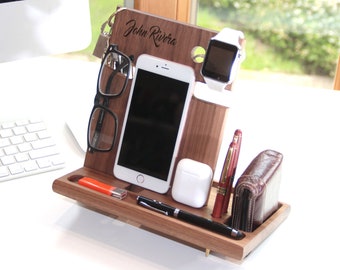 Wood Docking Station Dorm Desk Organizer iWatch Charging Station iPhone Holder iPhone Stand Personalized Gift for Husband Gift for Men Gift