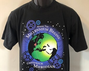 1998 Greenwich Meridian Shirt Vintage 90s Tee World Clock Where the Millennium Begins Earth Space Gears London England Mean Time Zone Solar