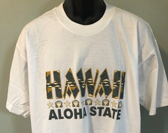 90s Hawaii Aloha State Shirt Vintage Tee Clam Star Fish Whale Dolphin Trutle Catamaran Island Surf Dukes Waikiki Volcano Sun Art Design XL