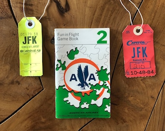 1966 American Airlines Fun In Flight Game Book Vintage 60s Travel Flight Log JFK Airport Capital Airlines Carnival Pilot Crew Luggage Tags