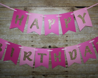 Happy Birthday Banner - Pink Ombre & Gold