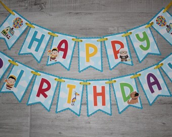 May include: A festive "Happy Birthday" banner featuring light blue pennants with white clouds and scalloped edges. Each pennant displays a letter in a different color, with character illustrations. Yellow ribbon strings the pennants together.