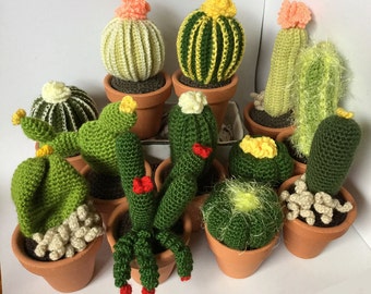 Large crocheted cactus with flowers , 7,5 cm x 8 cm ceramic pot, fake plant for home decoration, amigurumi different sizes and colours