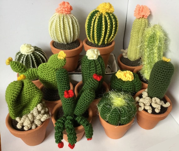 Grande cactus all'uncinetto con fiori, vaso in ceramica 7,5 cm x 8 cm,  pianta finta per decorazione casa, amigurumi diverse dimensioni e colori -   Italia