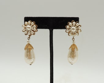 Vintage Goldtone Baroque Victorian Style Faux Pearl Dangle Beaded Flower Pierced Earrings