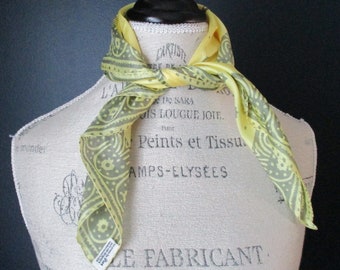 Vintage 1950s Vera Pale Yellow and Gray Floral Printed Square Silk Scarf 23 Inch