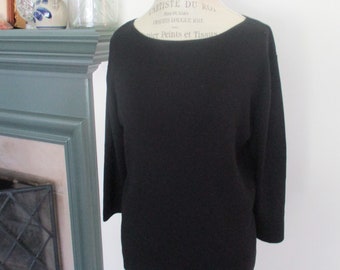 Vintage Black Silk Micro Ribbed Blouse, 3/4 Long Sleeves Boat Neck Casual Simple Top Valerie Stevens Size Large