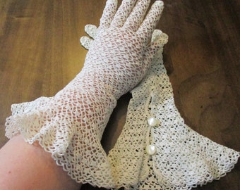 vintage blanc ivoire crochet grand bouton de manchette gants de poignet taille 7