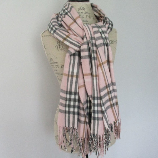 Pink Grey Beige Plaid Cashmere Scarf made in Florence Italy