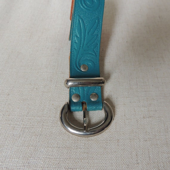 Vintage Dark Teal Floral Stamped Leather Belt wit… - image 5