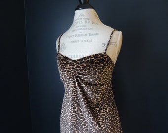 Vintage Fredericks of Hollywood Black Brown Cheetah Print Velour Minidress Chemise Nightgown Size Medium to Large