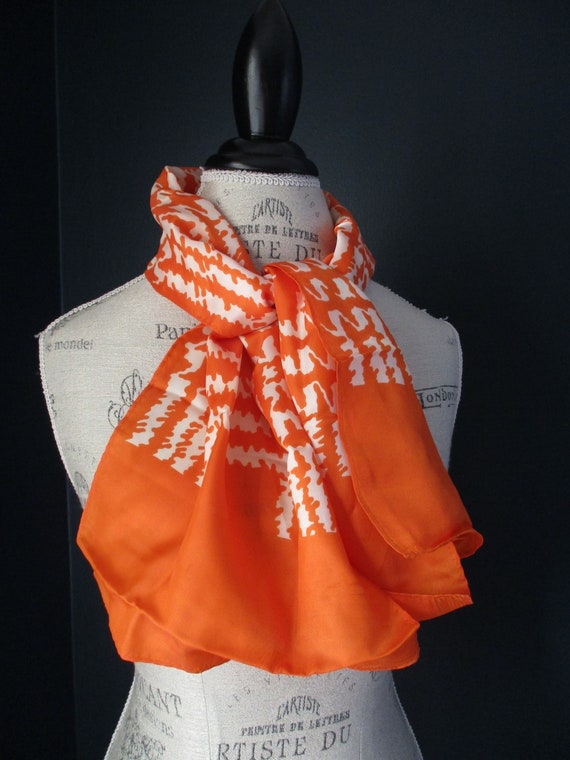 Vintage 1970s A Paris Scarf Orange and White Prin… - image 1