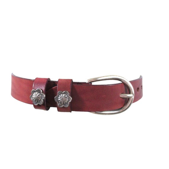 Vintage Brighton Red Brown Leather Belt With Flower Hardware 
