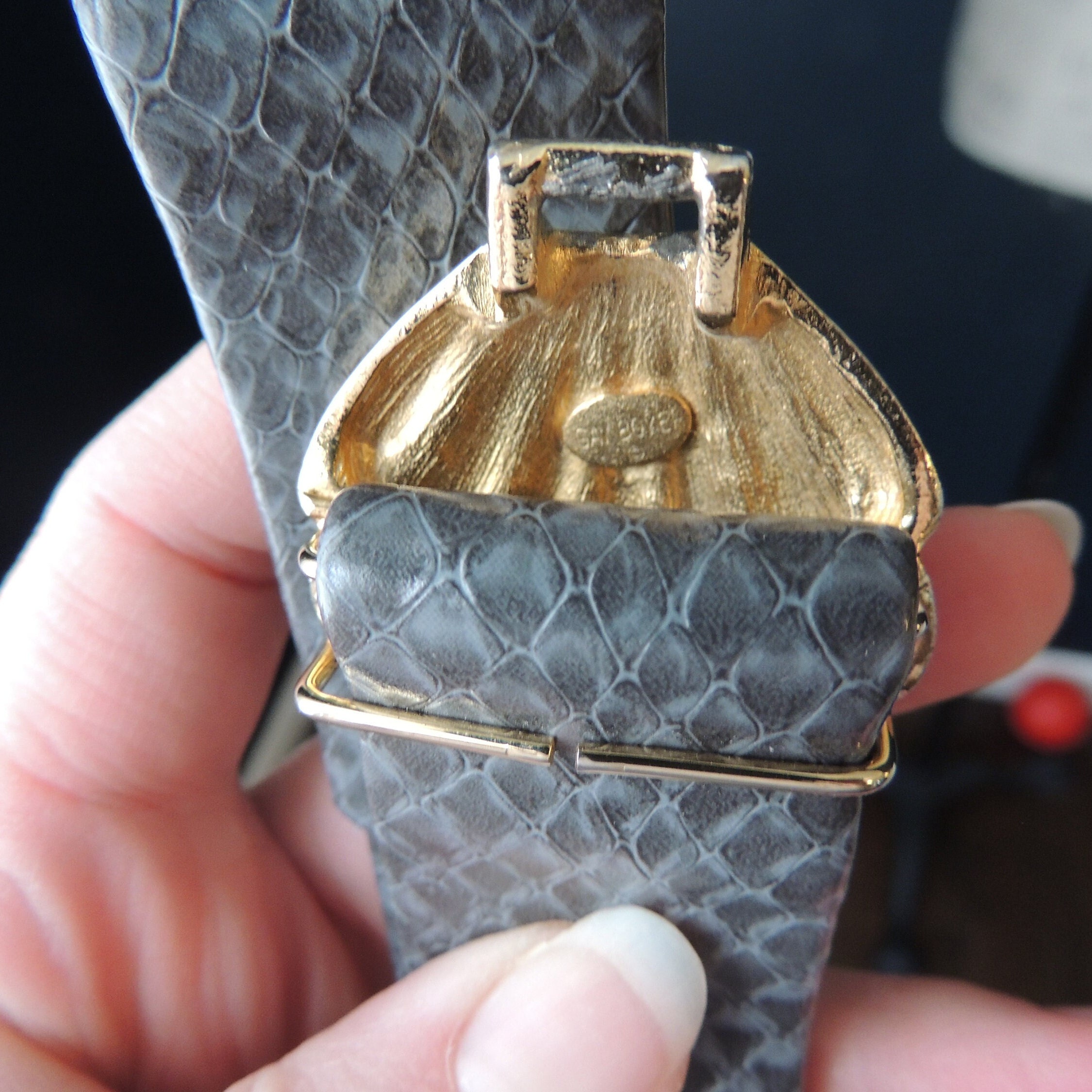 Vintage Gay Boyar Seashell Gold Tone Belt Buckle Vintage Gay Boyer Goldtone Seashell Buckle Grey Leather Belt  main image 3