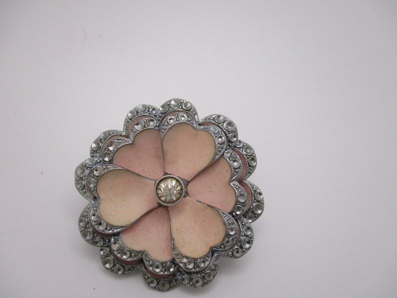 Vintage Czechoslovakia Silvertone Pink Enamel Flower Brooch image 10