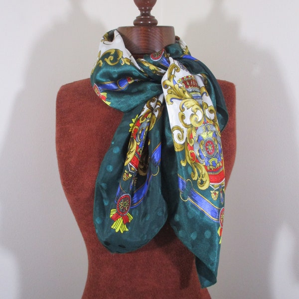 Royal Crest and Chain Scarf | Green Blue and White Satin Polka Dot Scarf | Large Square Scarf