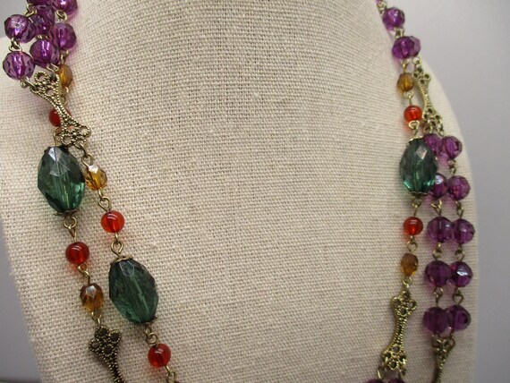 Vintage Goldtone Purple Red Green Beaded chain Li… - image 9