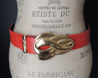 Vintage Salena's Collection 1980s Big Bold Goldtone Buckle Red Leather Belt Size Medium/Large