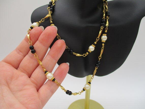 Vintage Fancy Goldtone Faux Pearl Baroque Black B… - image 2