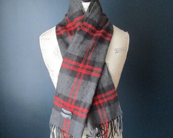 Vintage Christian Dior Monsieur Black, Red, Gray Plaid Fringe Cashmaire Acrylic Scarf