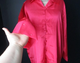 vintage Y2K Valerie Stevens Hot Pink Fuschia Bedazzled Chemise de nuit perlée à manches longues taille XL 1X