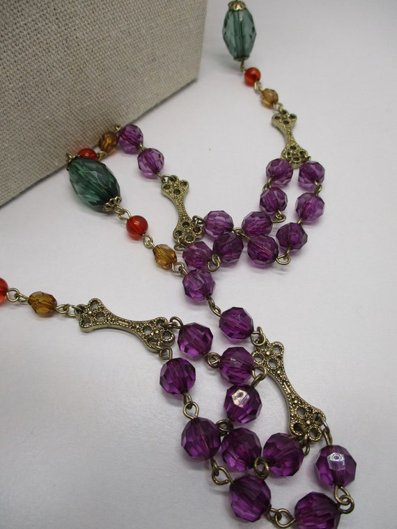 Vintage Goldtone Purple Red Green Beaded chain Li… - image 8