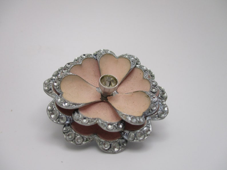 Vintage Czechoslovakia Silvertone Pink Enamel Flower Brooch image 2