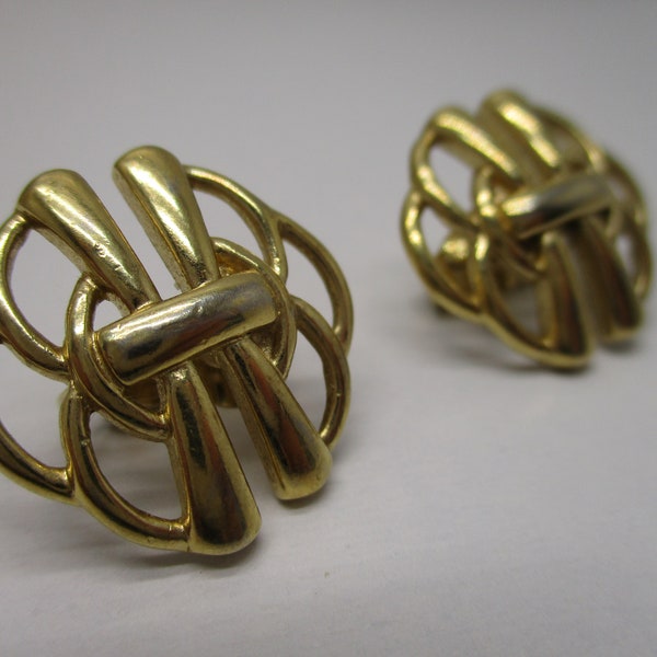 Vintage Crown Trifari Goldtone Art Deco Open Work Stud Clip on Earrings