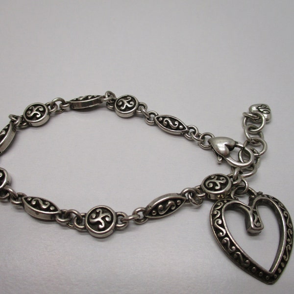 Vintage Brighton Silvertone Swirling Links Heart Charm Bracelet 8 Inch