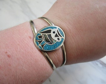 Vintage Made in Mexico Silver and Turquoise Owl Cuff Bracelet