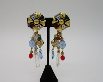 Vintage Goldtone Multicolor Rhinestone Renaissance Revival Dangle Crystal Charms Clip on Earrings