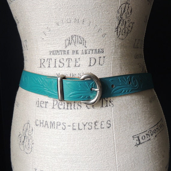 Vintage Dark Teal Floral Stamped Leather Belt wit… - image 1