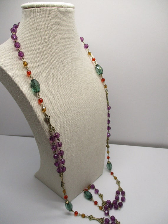 Vintage Goldtone Purple Red Green Beaded chain Li… - image 10